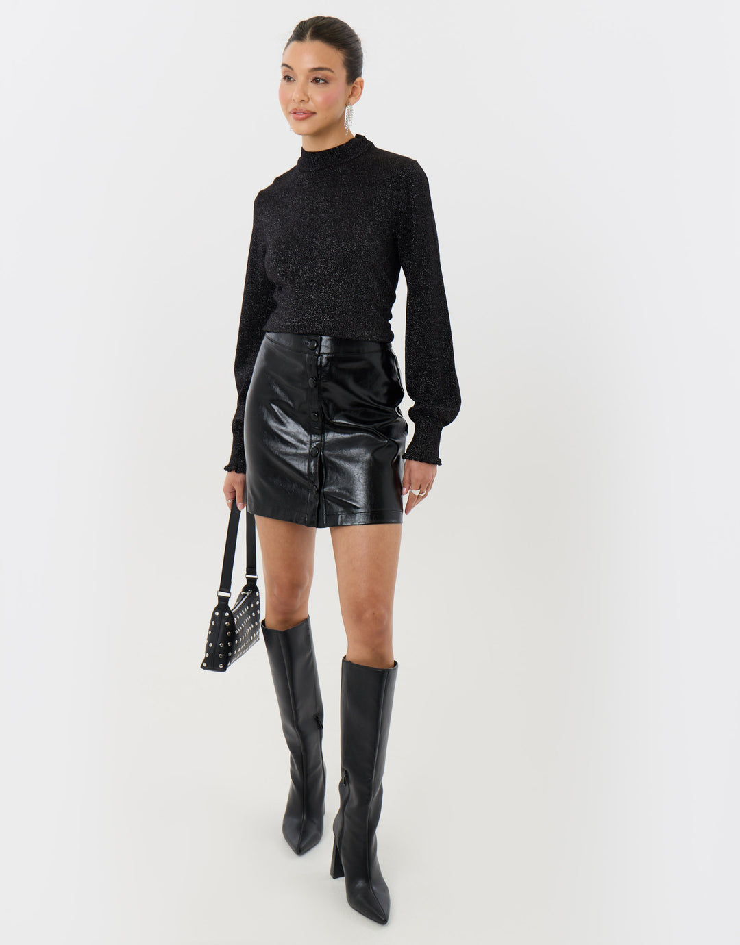Metallic Funnel Neck Ruffle Jumper in Black