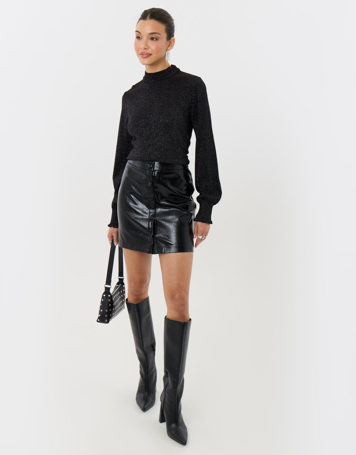 Metallic Funnel Neck Ruffle Jumper in Black