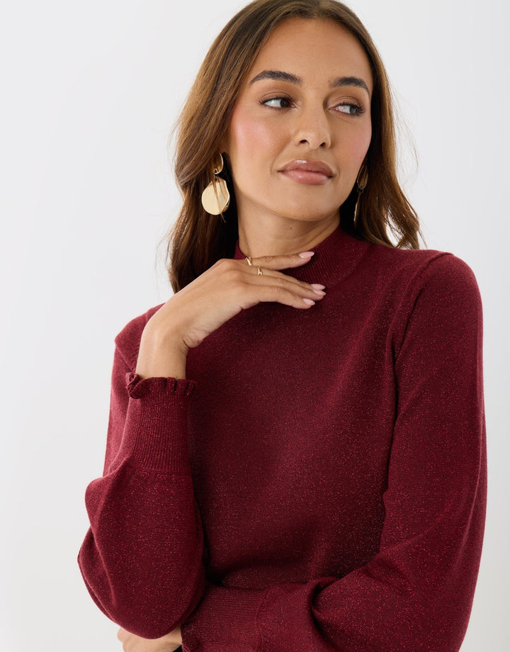 Threadbare Metallic Funnel Neck Ruffle Jumper in Burgundy - close up