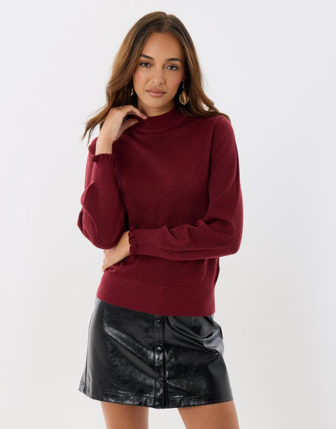 Threadbare Metallic Funnel Neck Ruffle Jumper in Burgundy - front view
