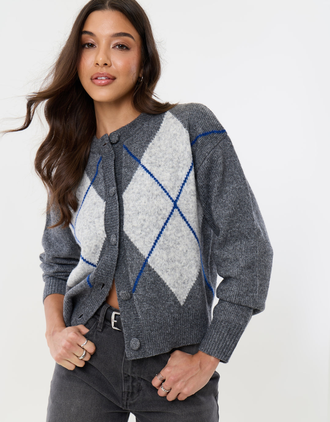 Threadbare Argyle Knitted Crew Neck Cardigan in Charcoal Grey -  front view