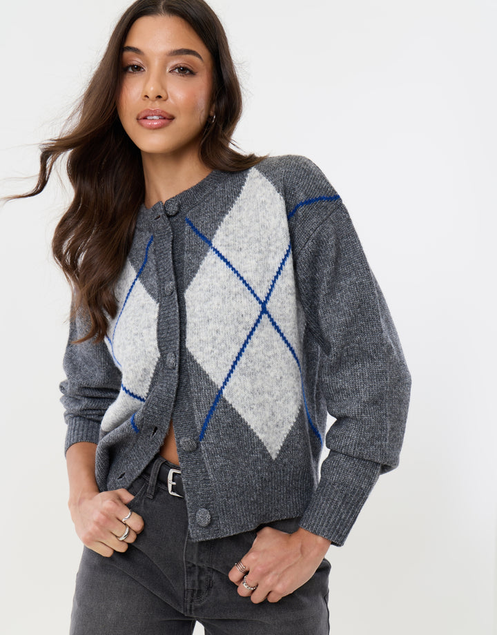 Threadbare Argyle Knitted Crew Neck Cardigan in Charcoal Grey -  front view