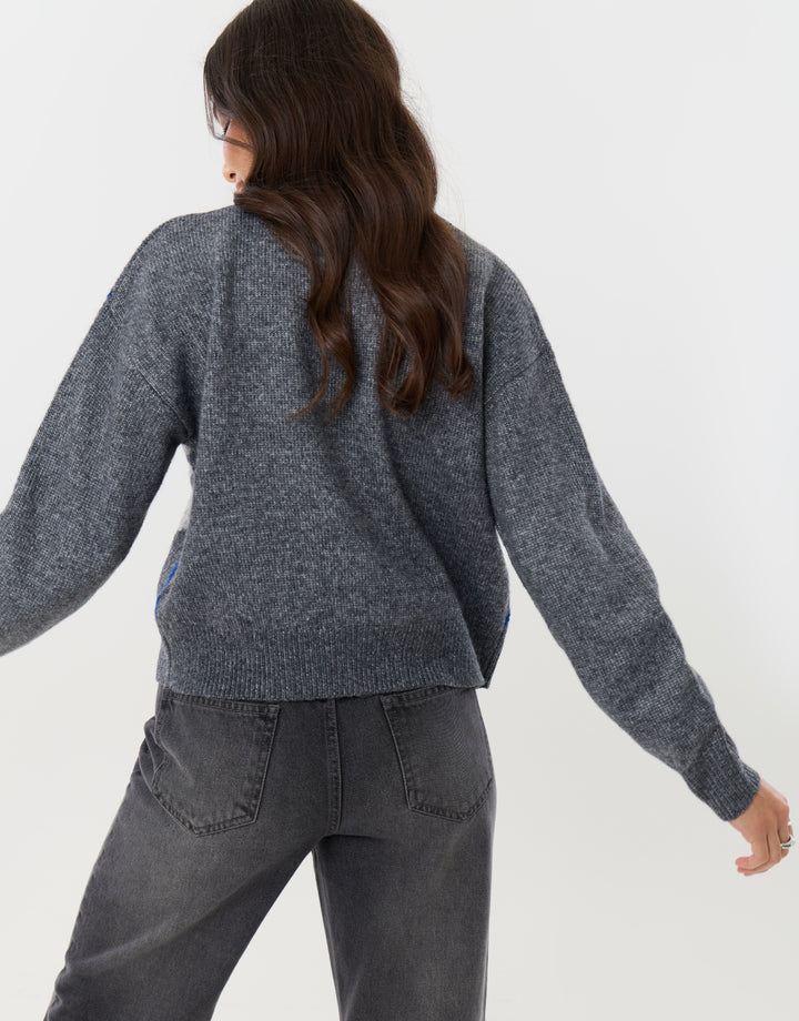 Threadbare Argyle Knitted Crew Neck Cardigan in Charcoal Grey - back view
