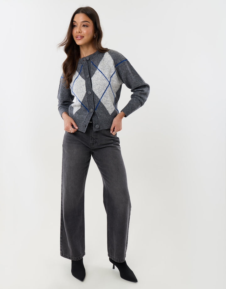 Threadbare Argyle Knitted Crew Neck Cardigan in Charcoal Grey - full view