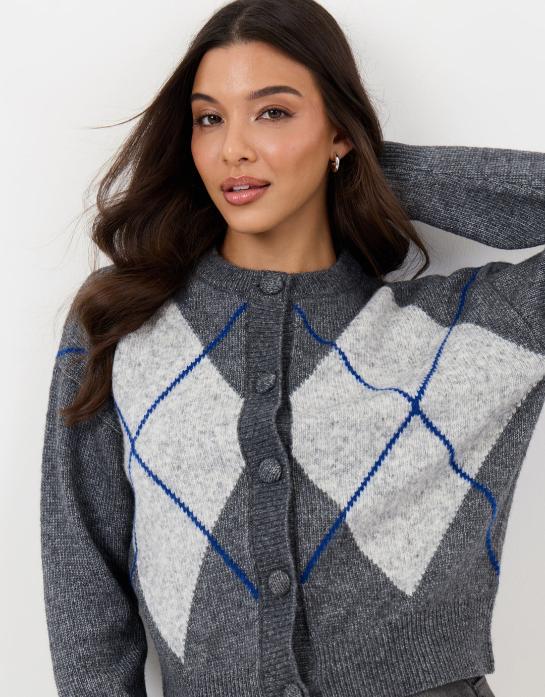 Threadbare Argyle Knitted Crew Neck Cardigan in Charcoal Grey - close up
