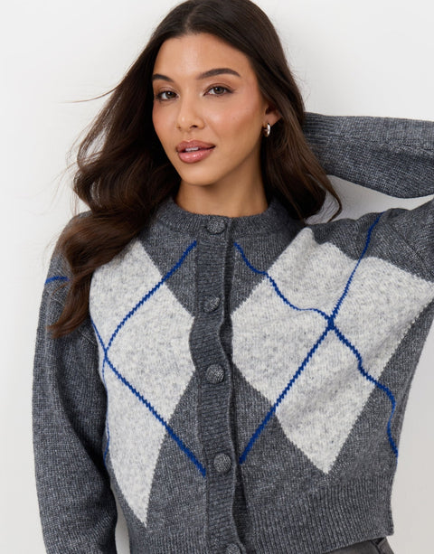 Threadbare Argyle Knitted Crew Neck Cardigan in Charcoal Grey - close up