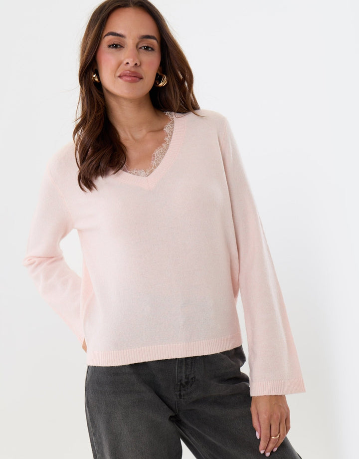 Threadbare Lace Detail V Neck Jumper in Pink -  front view
