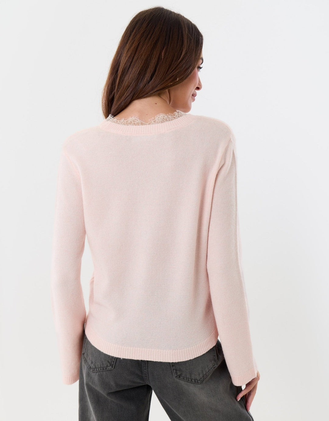 Threadbare Lace Detail V Neck Jumper in Pink - back view