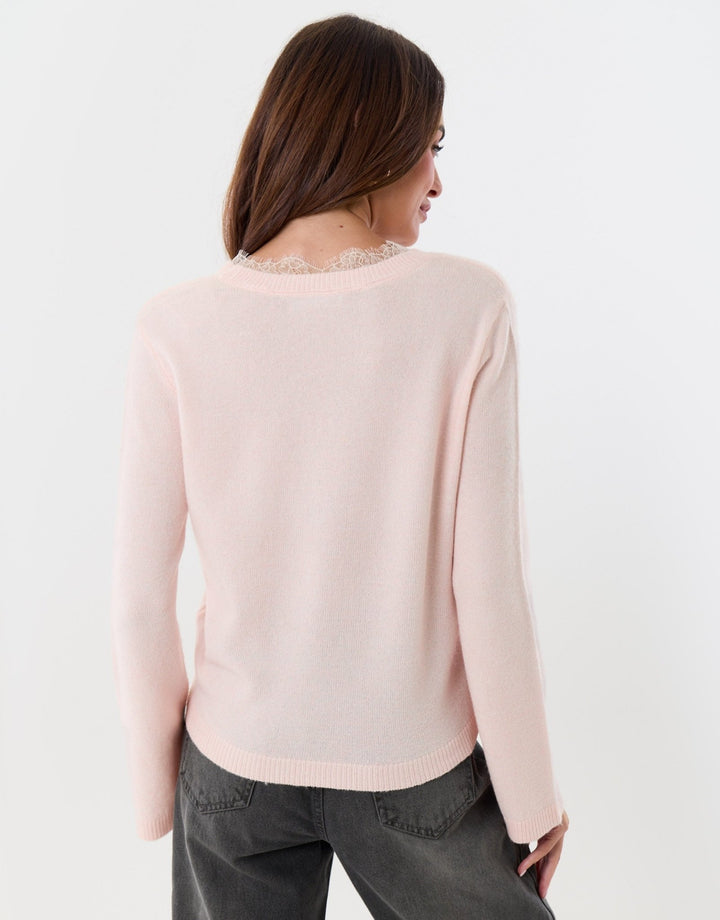 Threadbare Lace Detail V Neck Jumper in Pink - back view