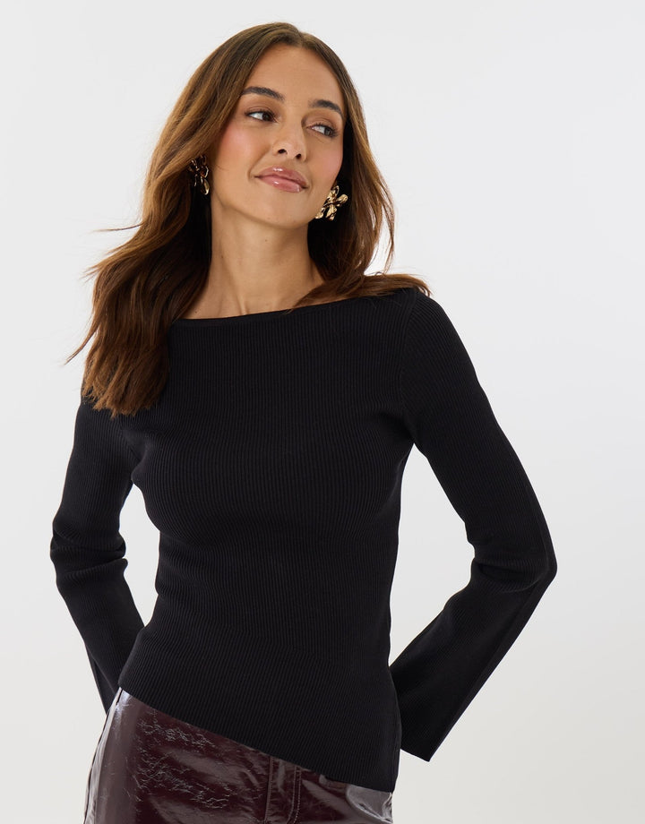Threadbare Ribbed Asymmetric Long Sleeve Top in Black - hand on ip front view