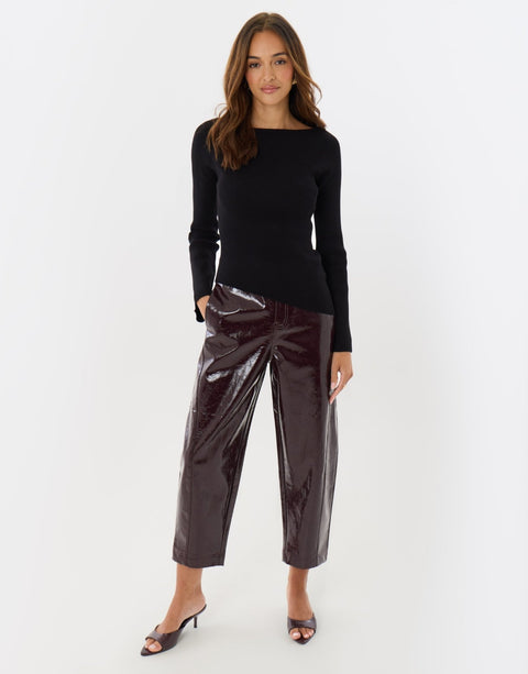 Threadbare Ribbed Asymmetric Long Sleeve Top in Black - full front view