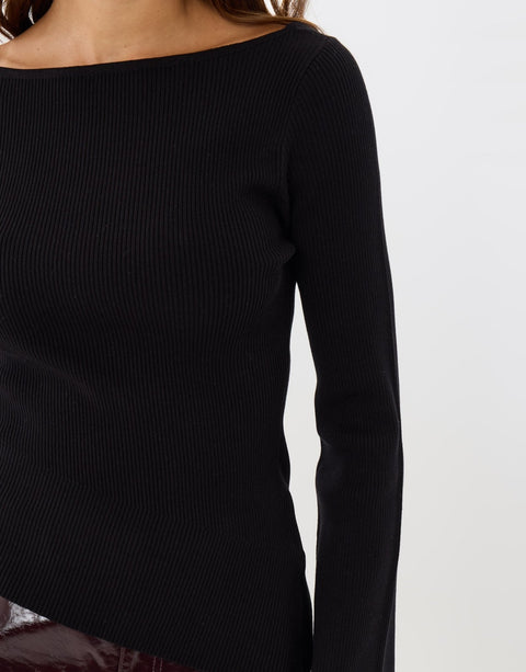 Threadbare Ribbed Asymmetric Long Sleeve Top in Black - sleeve close up