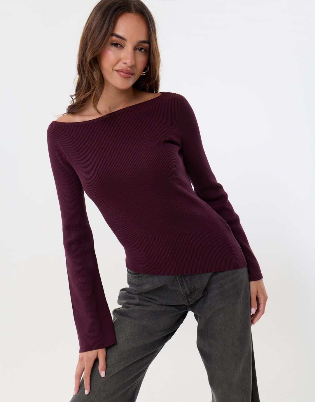 Ribbed Asymmetric Long Sleeve Top in Plum