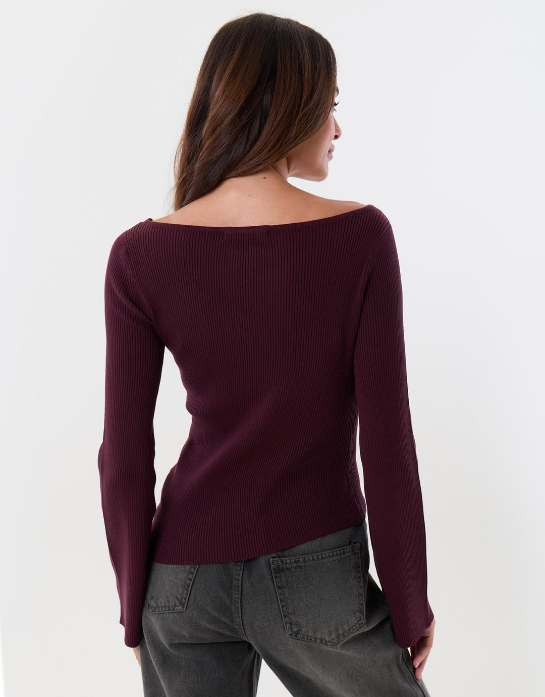Ribbed Asymmetric Long Sleeve Top in Plum