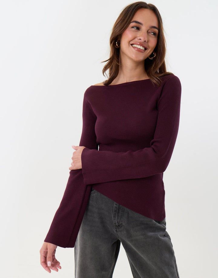 Ribbed Asymmetric Long Sleeve Top in Plum