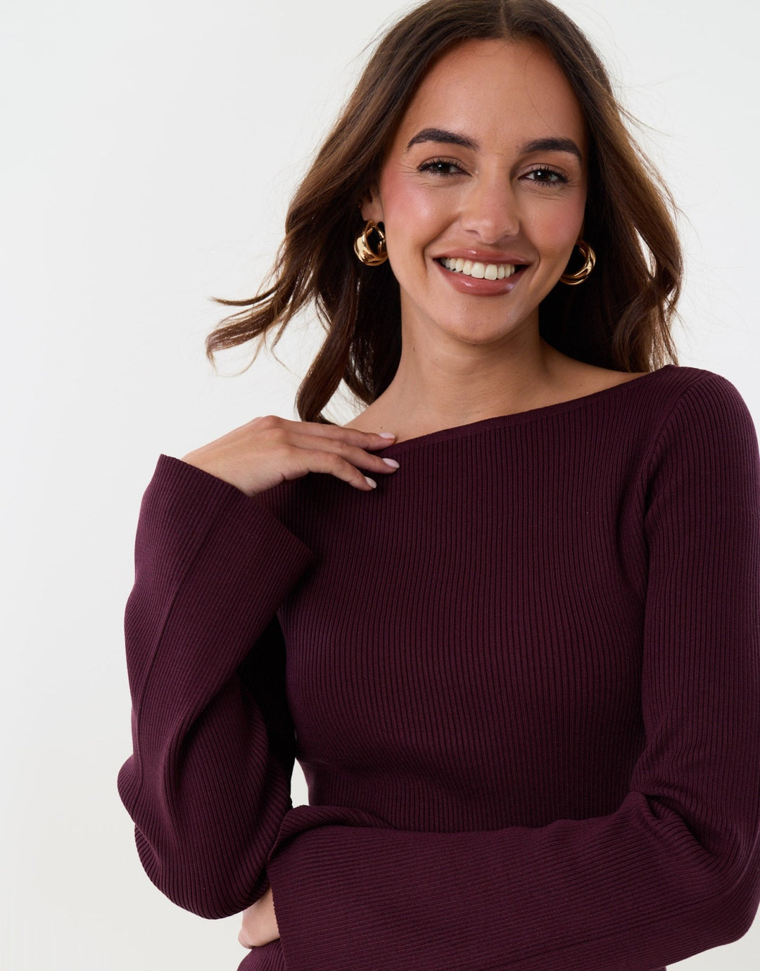 Ribbed Asymmetric Long Sleeve Top in Plum