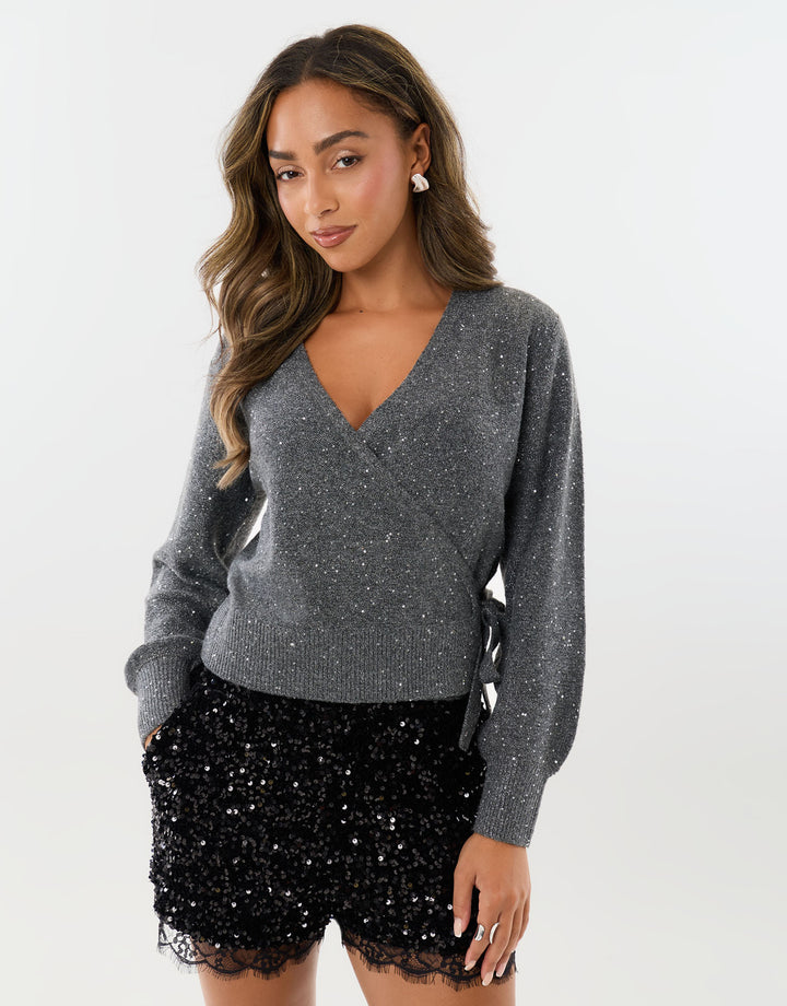 Sequin V-Neck Wrap Cardigan in Charcoal Grey