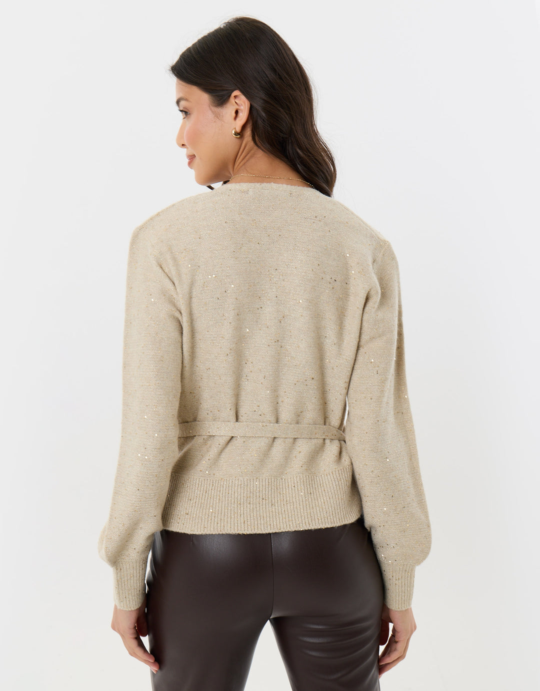Sequin V-Neck Wrap Cardigan in Ecru