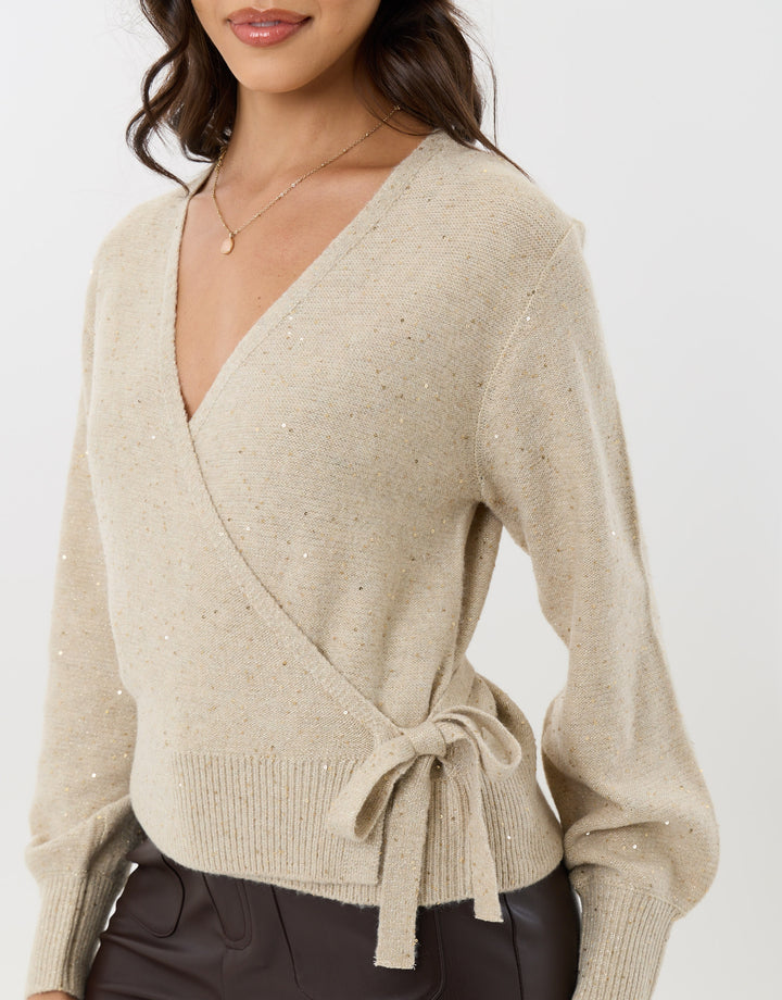 Sequin V-Neck Wrap Cardigan in Ecru