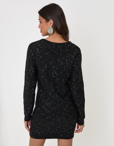 Threadbare V Neck Sequin Knit Dress in Black - back view
