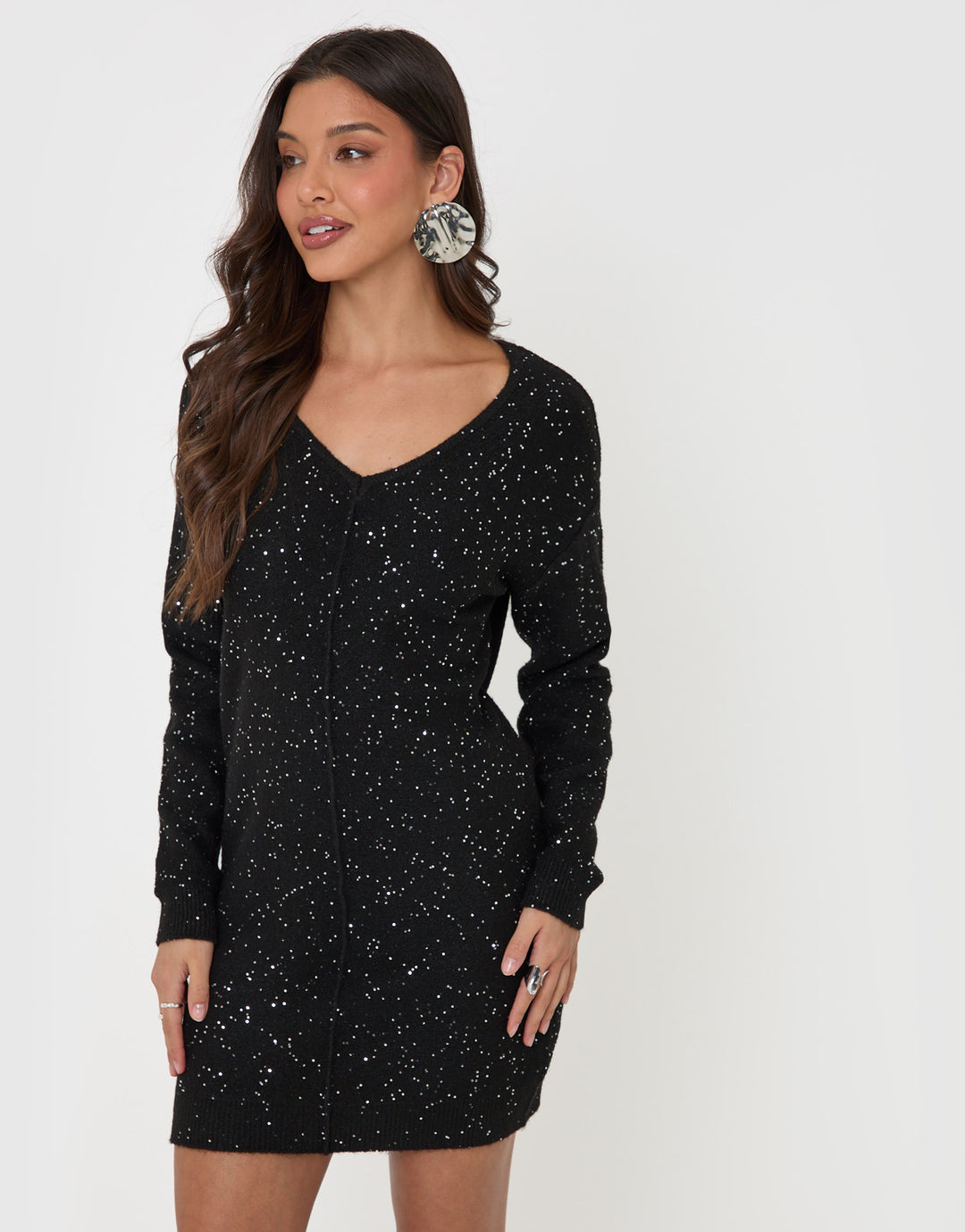 Threadbare V Neck Sequin Knit Dress in Black - front view