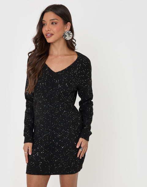 Threadbare V Neck Sequin Knit Dress in Black - front view