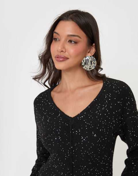 Threadbare V Neck Sequin Knit Dress in Black - close up
