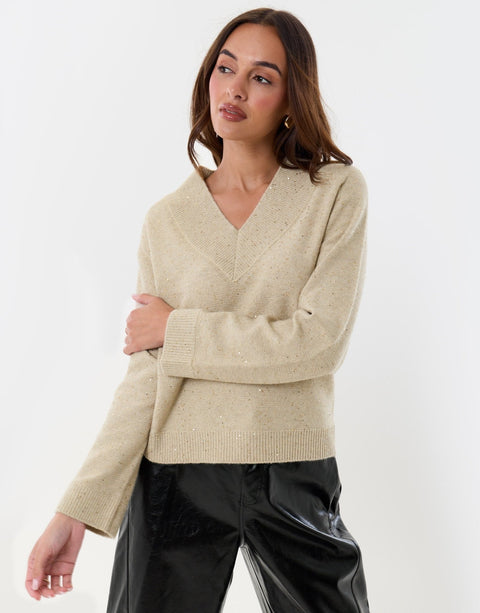 Threadbare Sequin V Neck Knitted Jumper in Ecru -  front view