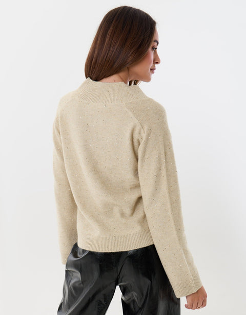 Threadbare Sequin V Neck Knitted Jumper in Ecru - back view