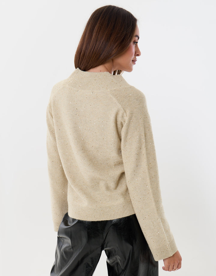 Sequin V Neck Knitted Jumper in Ecru