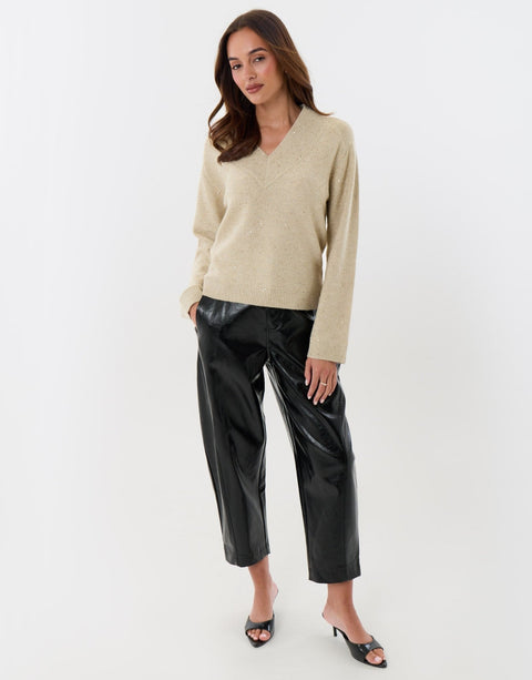 Threadbare Sequin V Neck Knitted Jumper in Ecru - full view