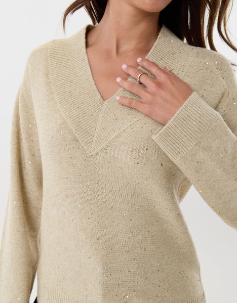 Threadbare Sequin V Neck Knitted Jumper in Ecru - close up
