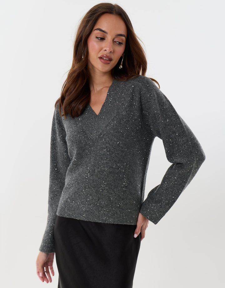 Sequin V Neck Knitted Jumper in Charcoal Grey