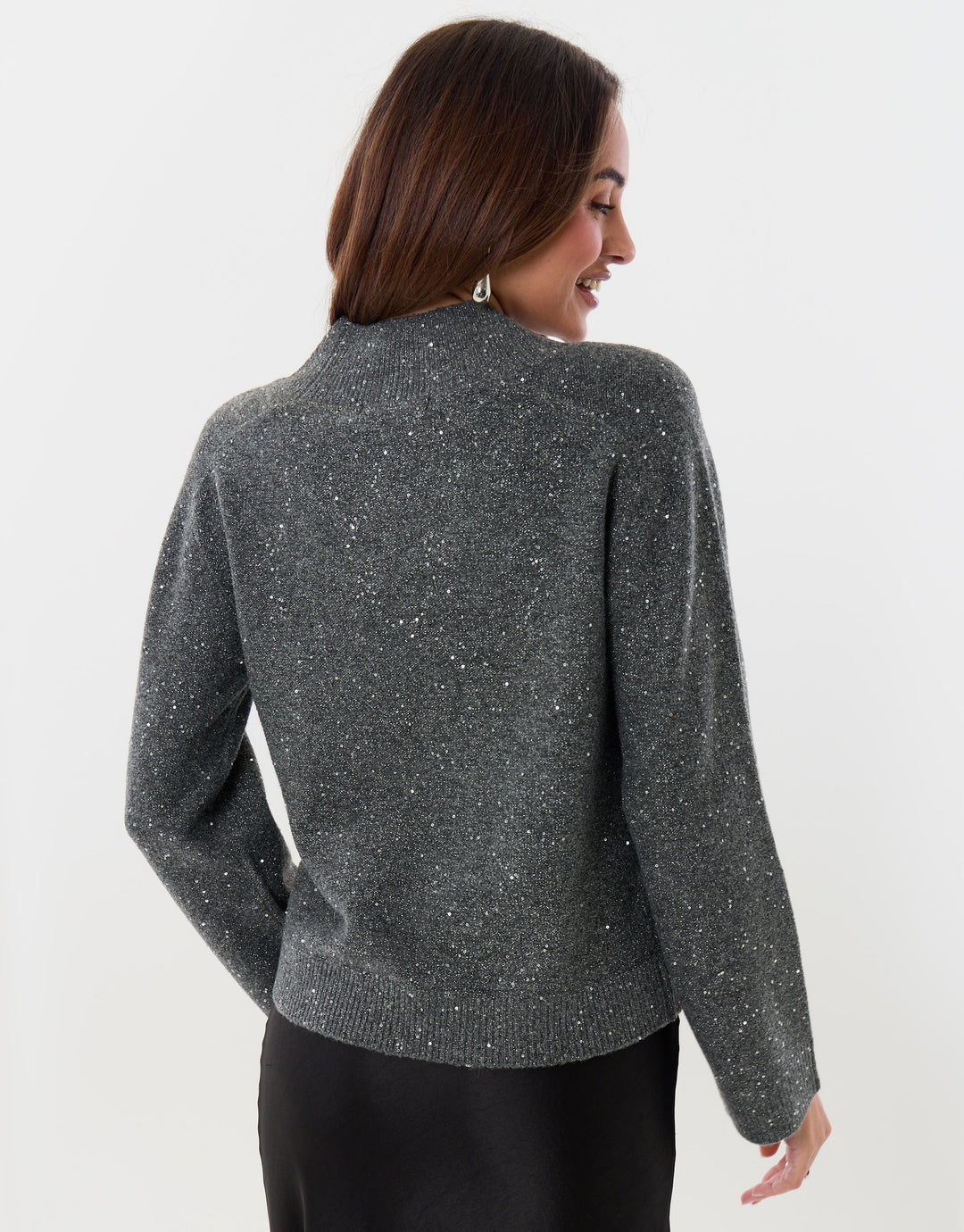Sequin V Neck Knitted Jumper in Charcoal Grey