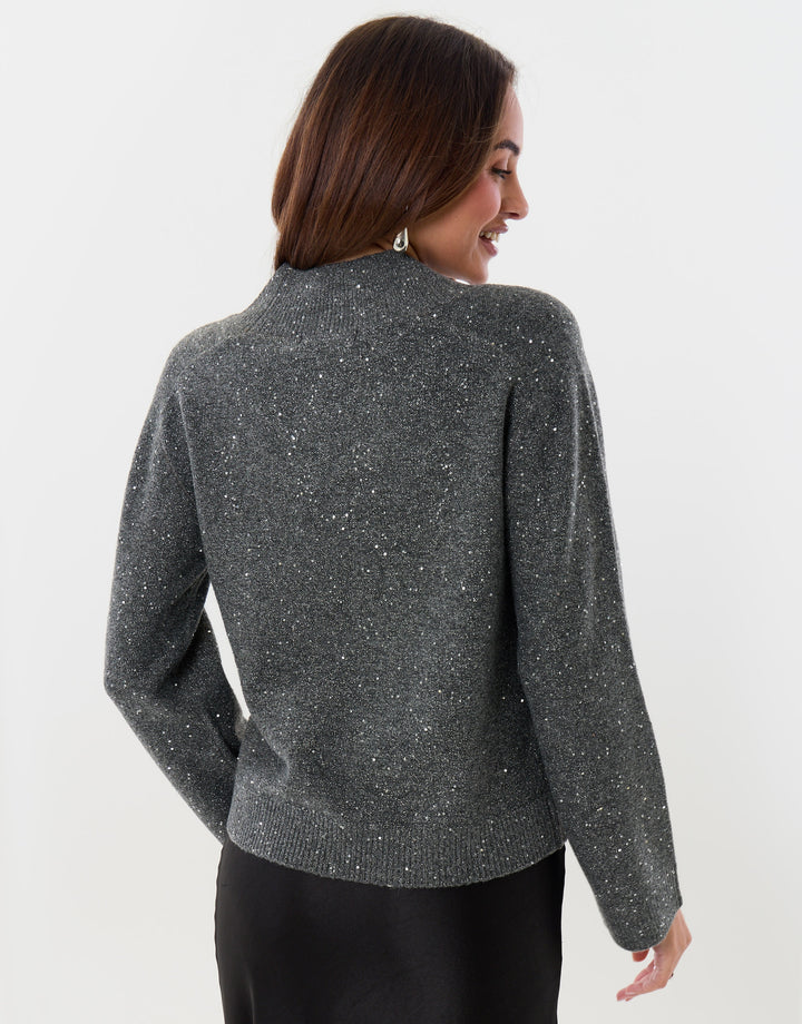 Sequin V Neck Knitted Jumper in Charcoal Grey