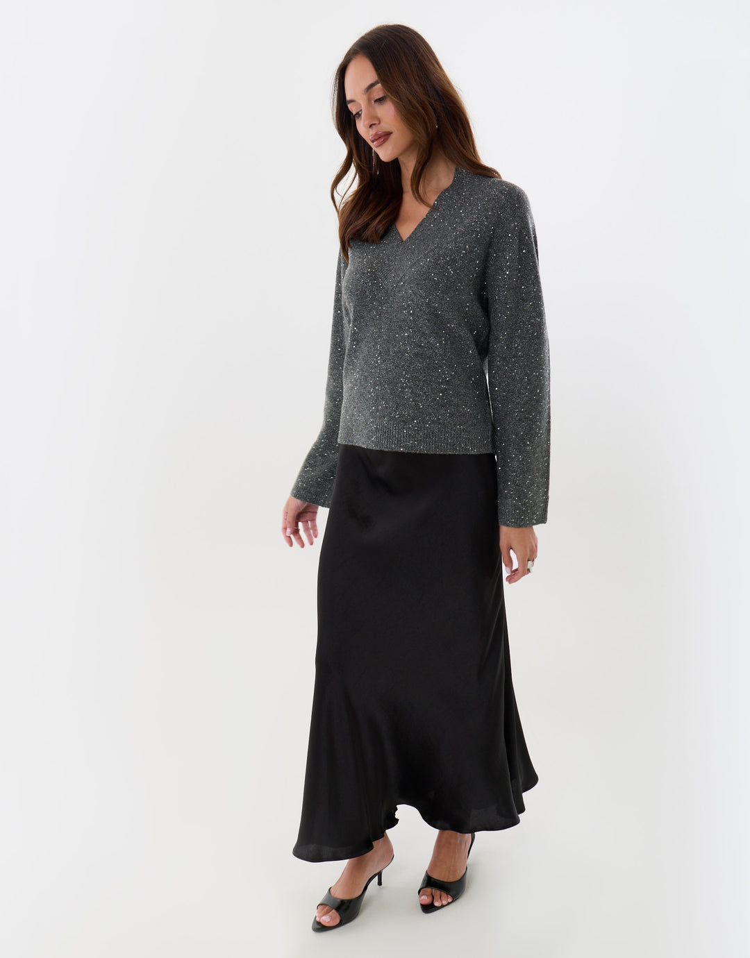 Sequin V Neck Knitted Jumper in Charcoal Grey
