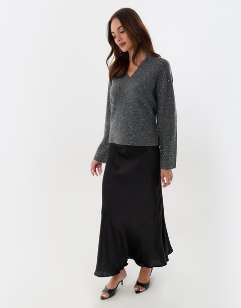 Threadbare Sequin V Neck Knitted Jumper in Charcoal Grey - full view