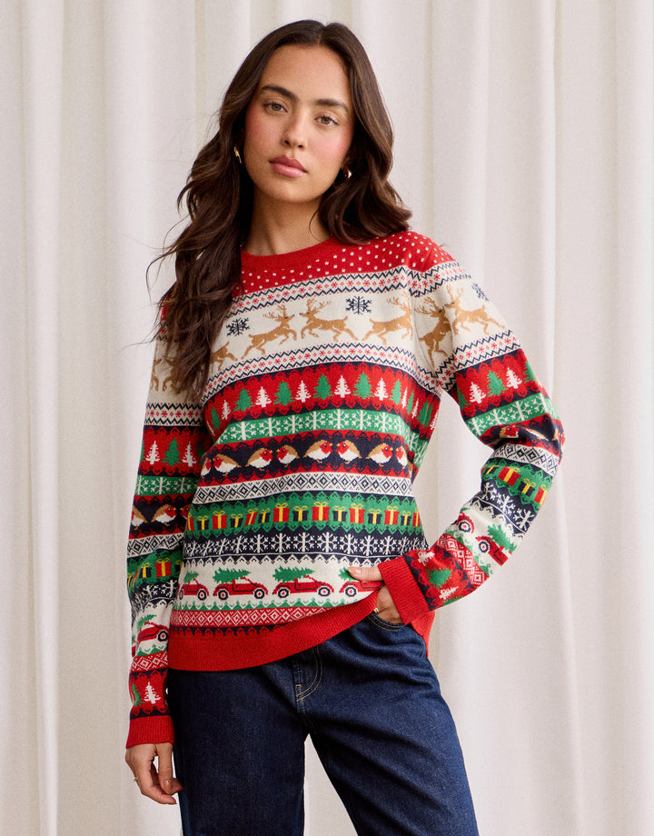 Festive Fairisle Knitted Christmas Jumper in Red