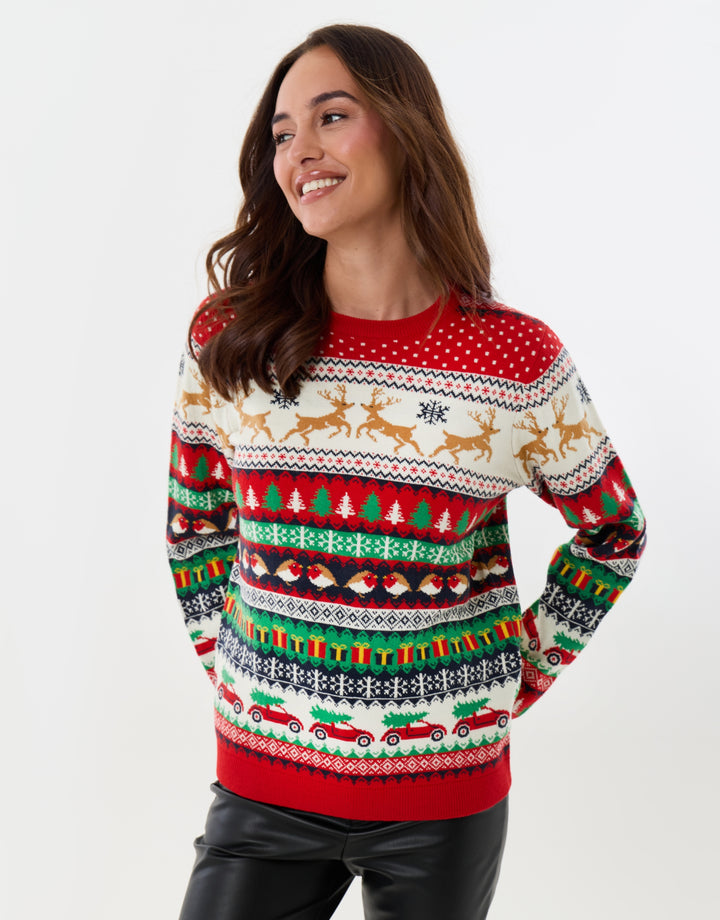 Festive Fairisle Knitted Christmas Jumper in Red