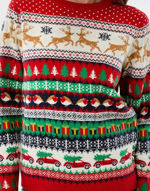 Threadbare Festive Fairisle Knitted Christmas Jumper in Red - close up
