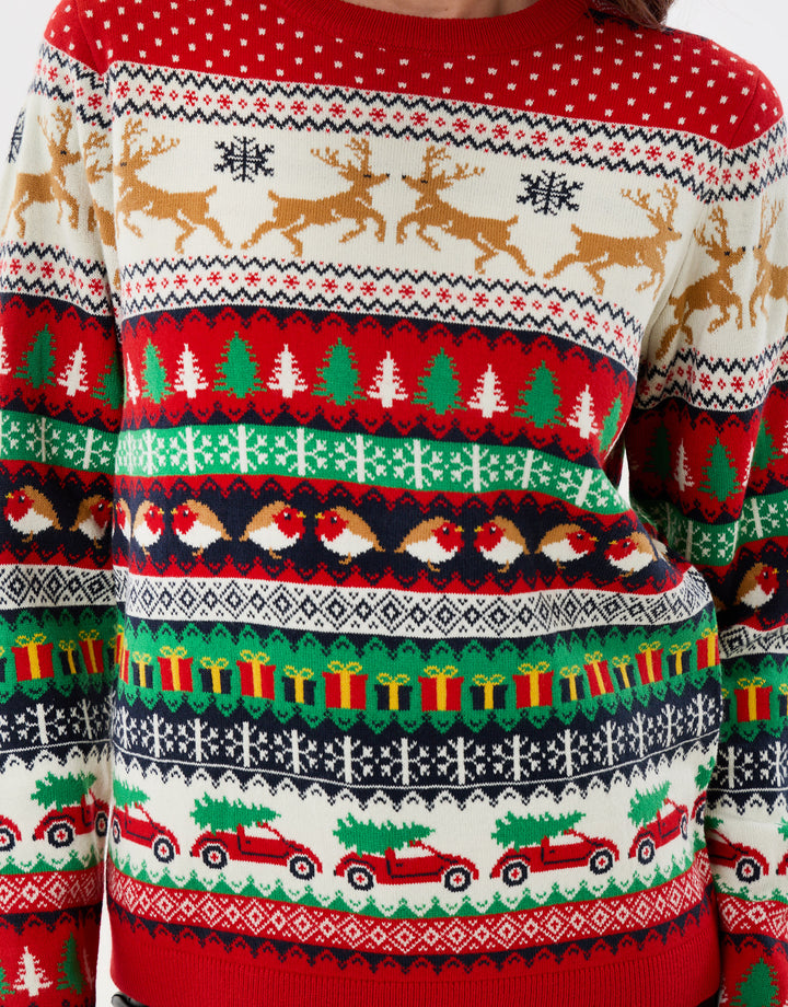 Festive Fairisle Knitted Christmas Jumper in Red