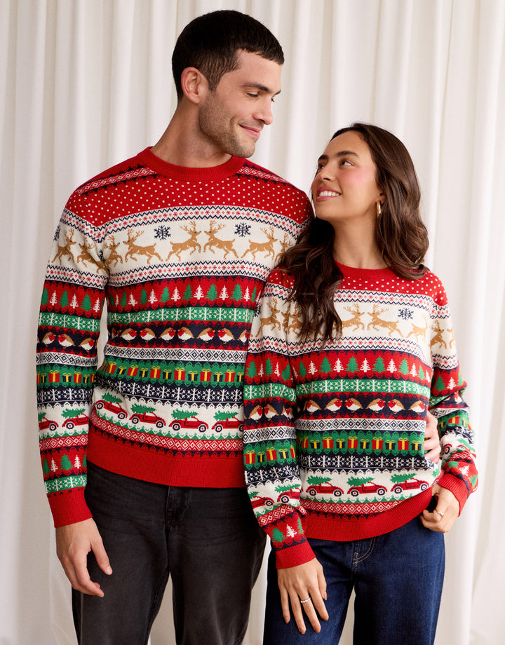 Festive Fairisle Knitted Christmas Jumper in Red