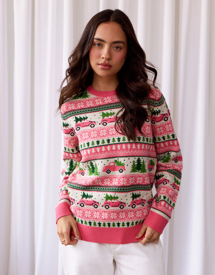 Threadbare Fairisle Driving Home for Christmas Jumper in Pink - front view