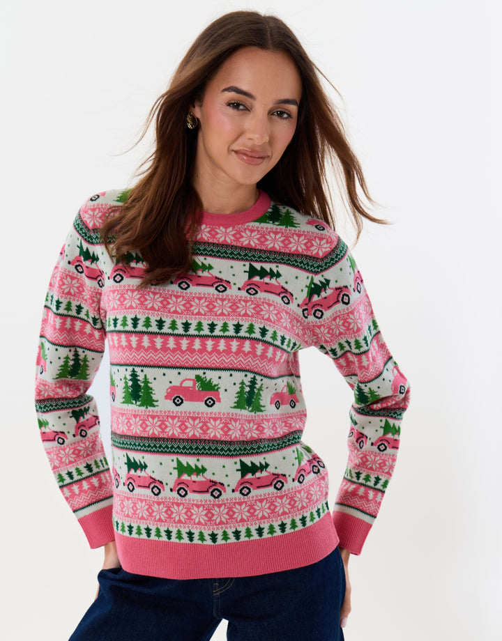 Threadbare Fairisle Driving Home for Christmas Jumper in Pink - hand on hip front view