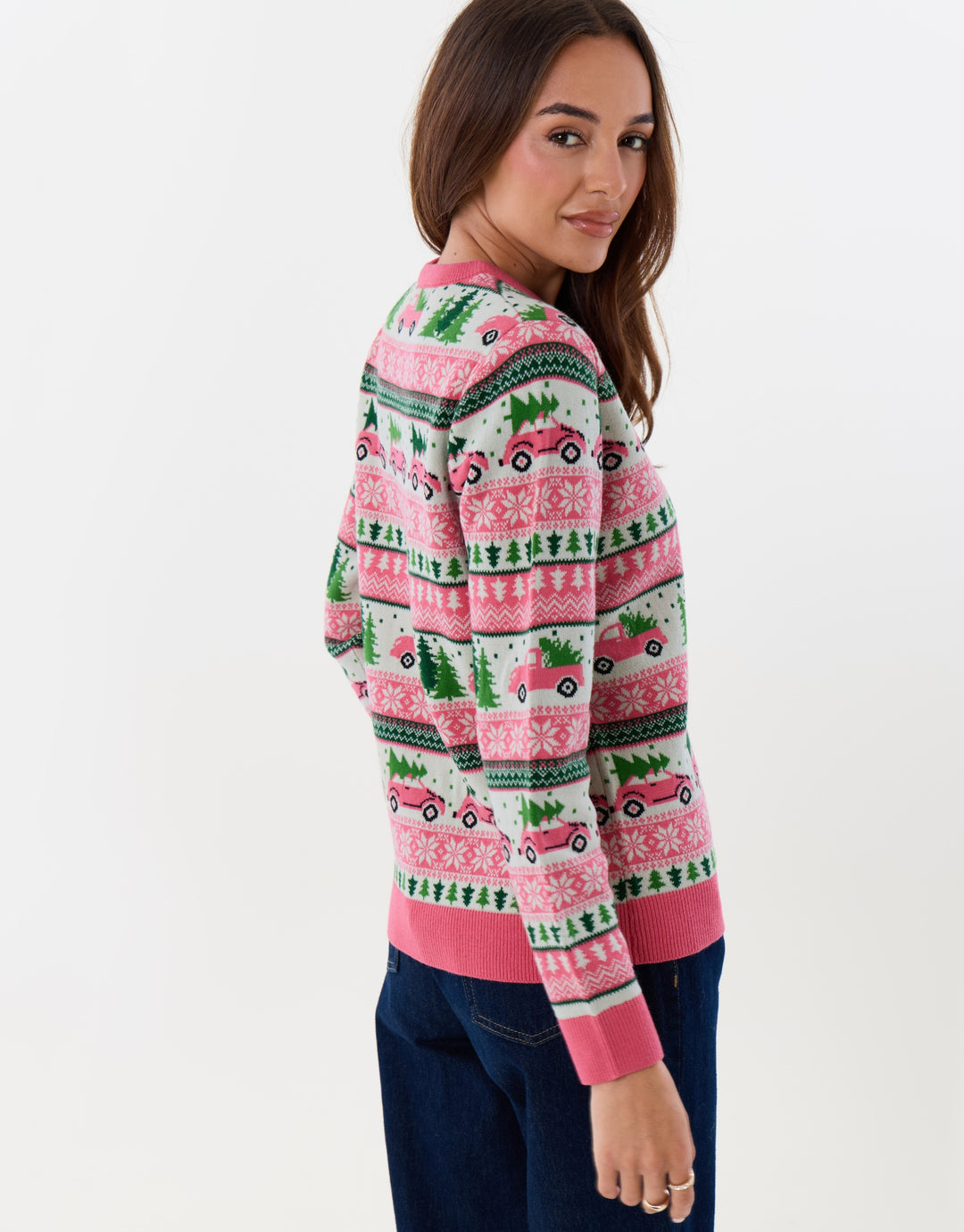Threadbare Fairisle Driving Home for Christmas Jumper in Pink - side view