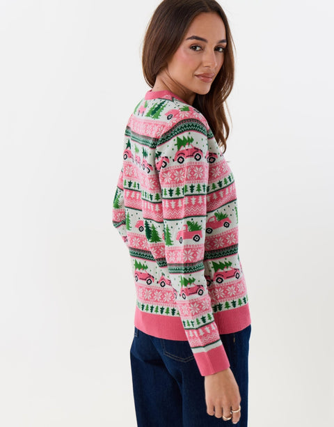 Threadbare Fairisle Driving Home for Christmas Jumper in Pink - side view