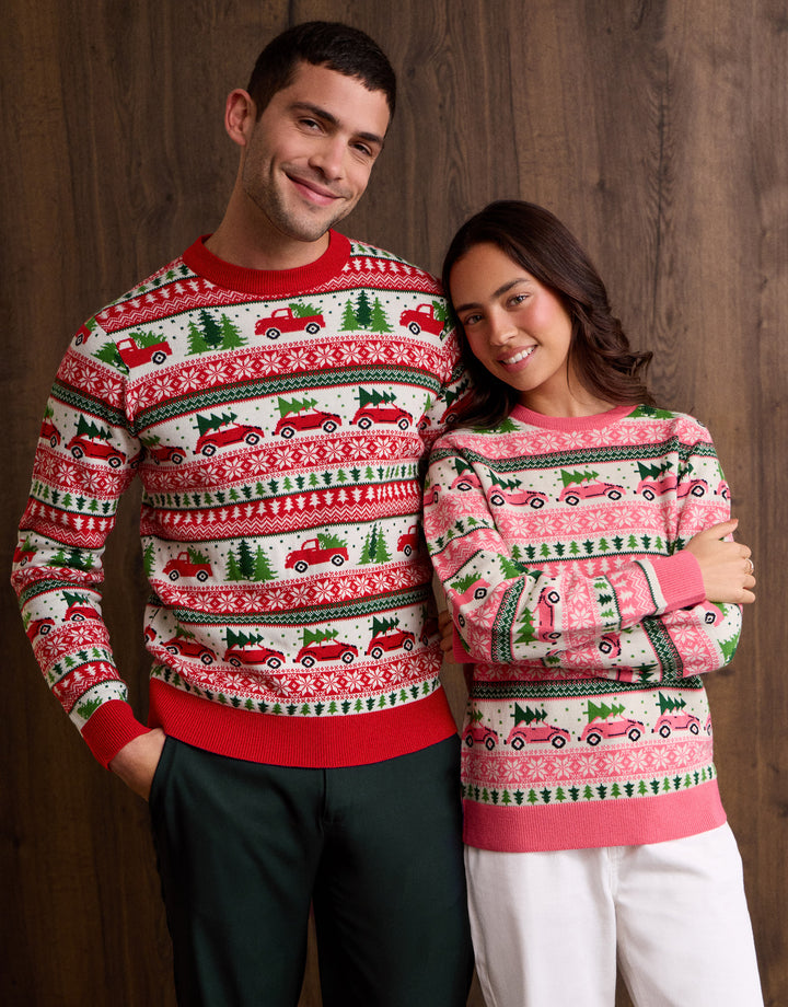 Threadbare Fairisle Driving Home for Christmas Jumper in Pink - campaign couple shot