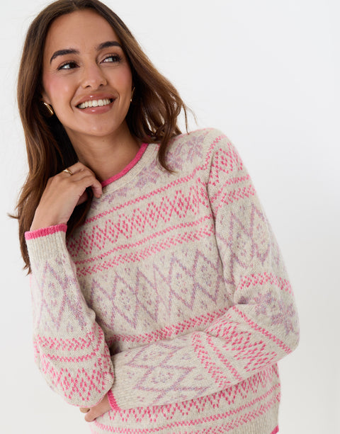Threadbare Snowflake Fairisle Knitted Christmas Jumper in Pink -  front view
