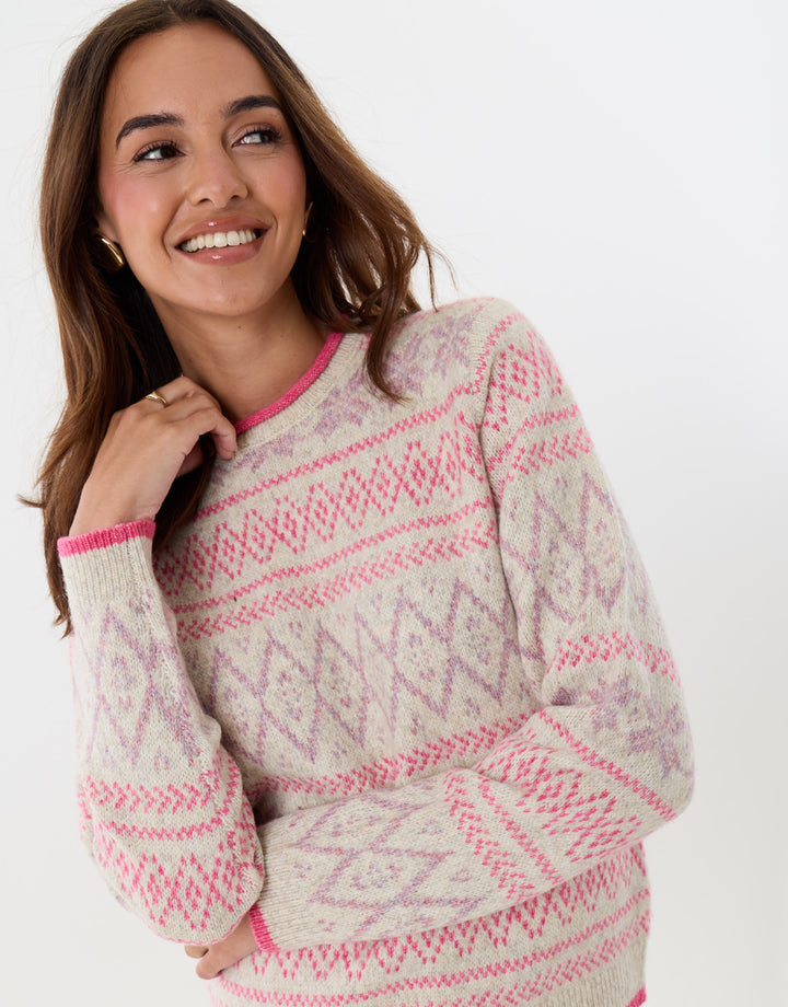 Threadbare Snowflake Fairisle Knitted Christmas Jumper in Pink -  front view