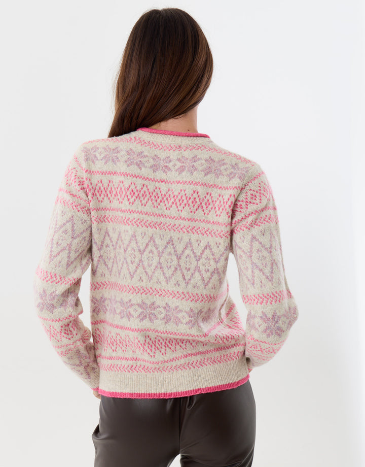 Threadbare Snowflake Fairisle Knitted Christmas Jumper in Pink - back view